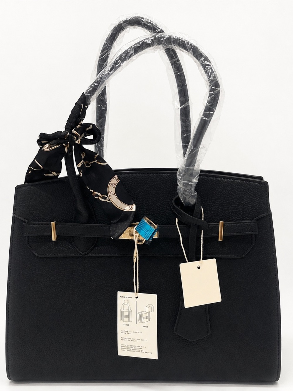 Black Structured Tote Handbag with Scarf Accent